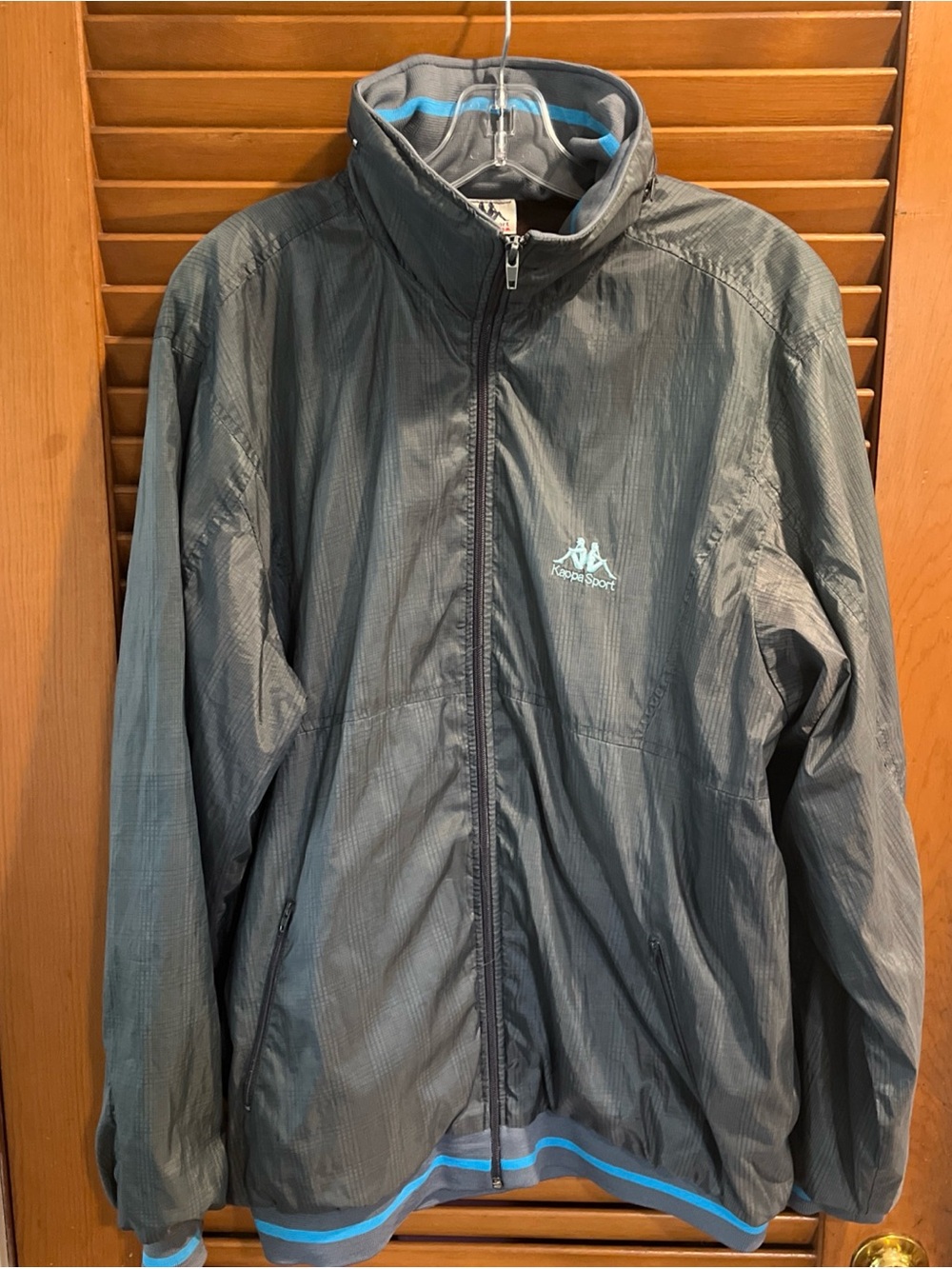 Kappa Sport Jacket Zip-Up Lined Hooded Windbreaker XXL Gray w/ Blue Stripe
